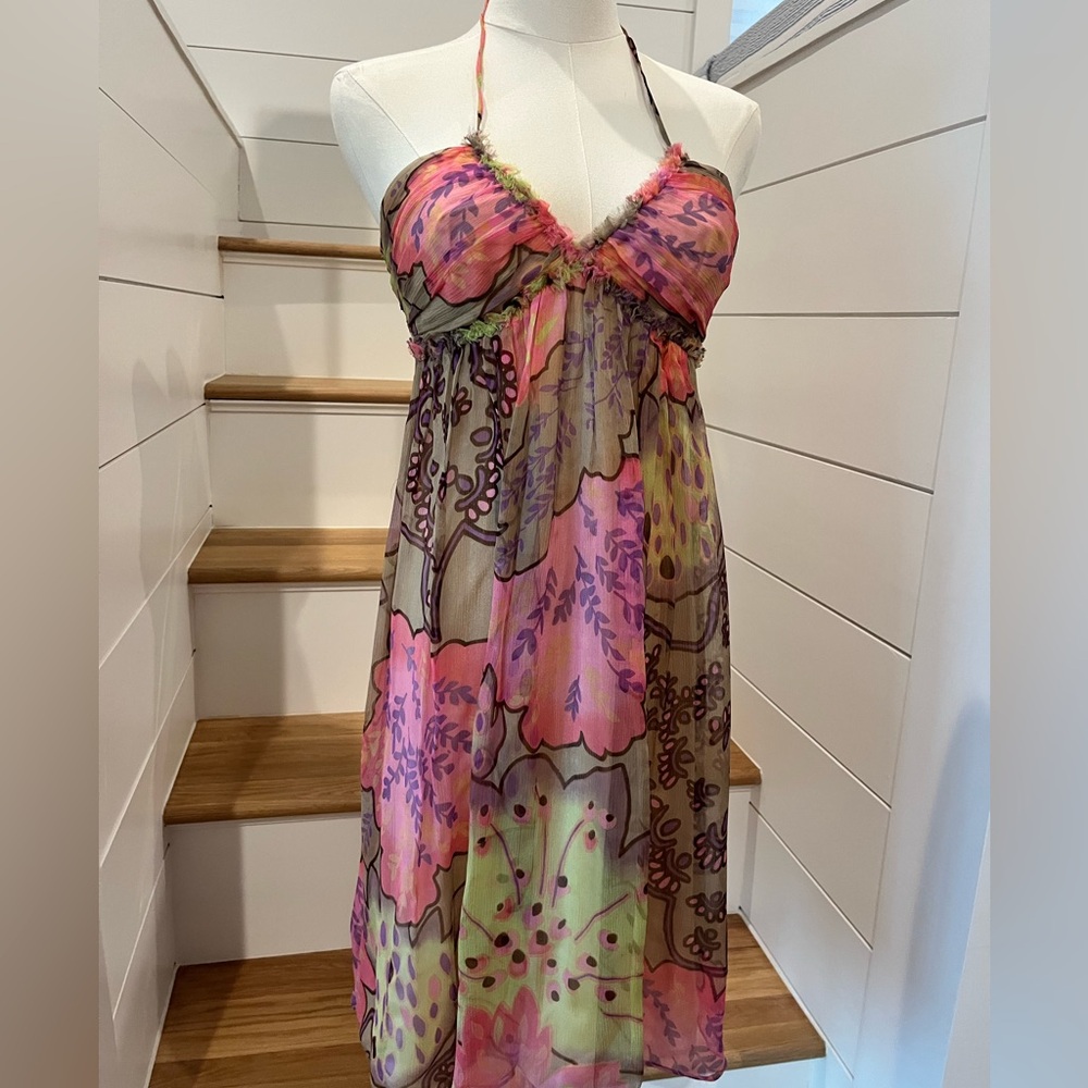 ABS COLLECTION by ALLEN SCHWARTZ SILK CHIFFON BOHO HALTER DRESS 6